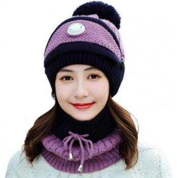 Women's Winter Knitted Beanie with Face Cover and Neck Warmer