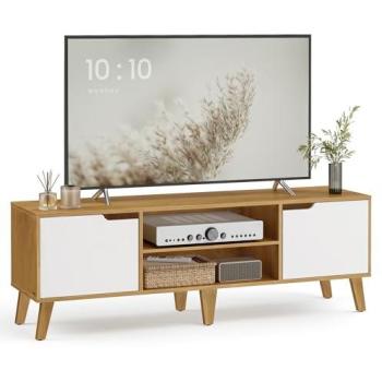 VASAGLE TV Cabinet Moderne à Étagères Ouvertes en Verre – Chêne Naturel + Blanc Crème