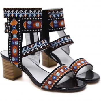 Tacones Gruesos Bordados Sandalia Mujer