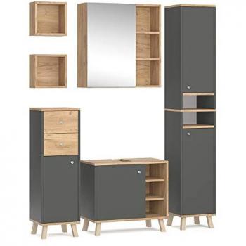 Set Mobili Bagno Senyo, Antracite, 5 Pezzi con Mobile Alto e Specchiera