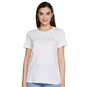 T-Shirt Guess Logo Frontale Strass Blanc Femme Taille L