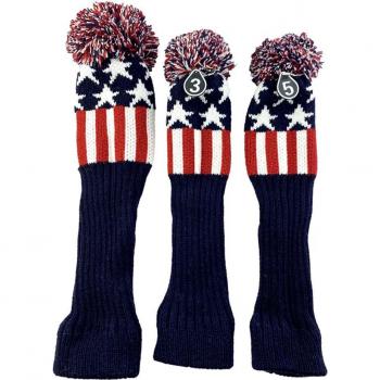 Knit Golf Wood Head Cover Set - 3 Pcs with Pom Poms for Driver and Fairway Woods