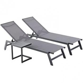 Lot de 2 transats et table d'appoint gris/noir - CONCEPT USINE - PRATO