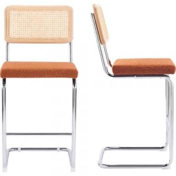Set de 2 tabourets de bar cannage et tissu bouclé rouille - Élégance