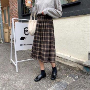 High Waist Plus Size Wool Pleated Plaid Skirt