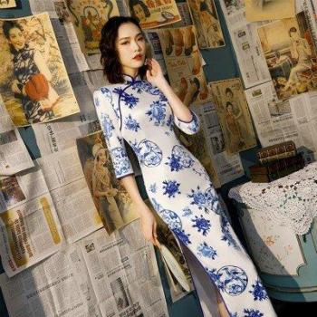 Cheongsam Soie Bleu et Blanc