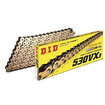 Cadena de transmisión D.I.D 530VX3 X-Ring dorada y negra 102 eslabones con unión a remache