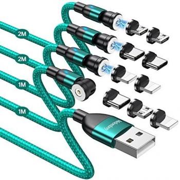 Melonboy Magnetisches Ladekabel, 3 in 1 Set [4 Stück 1m+1m+2m+2m], 360° und 180° Drehbar, Nylon USB Kabel kompatibel mit Micro USB/Typ C