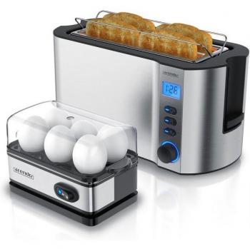 Arendo Morgenpaket – Toaster mit Brötchenaufsatz und 6‑Eierkocher, silberfarben