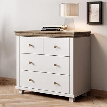 Lomadox Kommode EPSOM-83, weiß, Landhausstil, 4 Schubladen, Abisko Esche Nb. mit Lefkas Eiche Nb