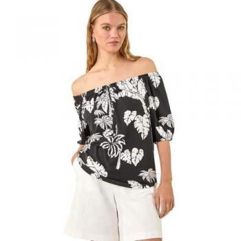 Blouse stretch à imprimé feuilles noires Roman