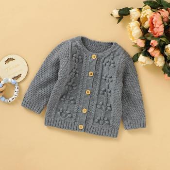 Suéter de Tejido para Niña, Abrigo de Otoño, Cuello Redondo, Manga Larga, Botones Florales