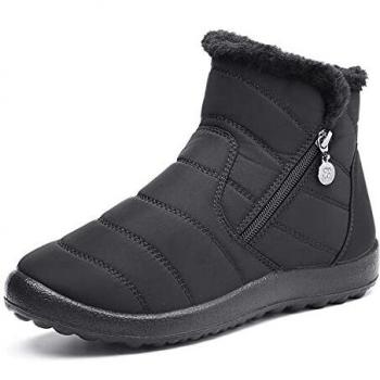 Ladies' Waterproof Ankle Booties with Fur Lining - Thermal, Flat, and Warm - Black (Size: 6.5 UK)