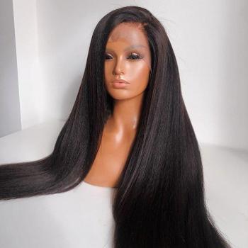 Perruque Yaki longue cheveux raides synthétique noire dentelle avant partie moyenne