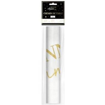 Décoration festive – Chemin de table intissé Bonne Année 28cm x 4m Blanc