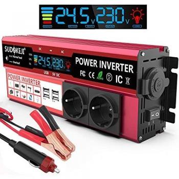 SUDOKEJI 1 kW convertisseur 24 V/230 V, double prise AC, 4 chargeurs USB, allume-cigare – usage RV/voiture