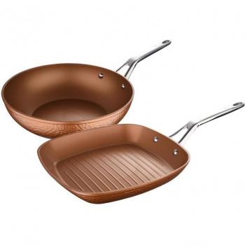 Juego de 2 sartenes de forja de aluminio y acero inoxidable con revestimiento de cobre de San Ignacio