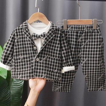 Baby Boys Plaid Suit: Single Breasted Coat, T-shirt & Pants Set
