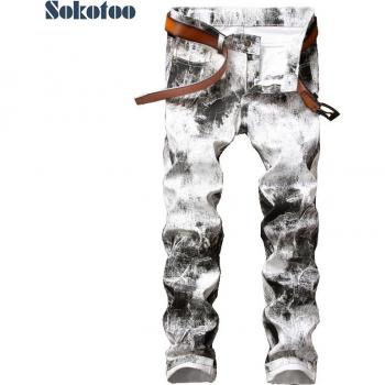 Sokotoo Slim‑Fit Denim-Hose für Männer – weißer Tinten‑Druck