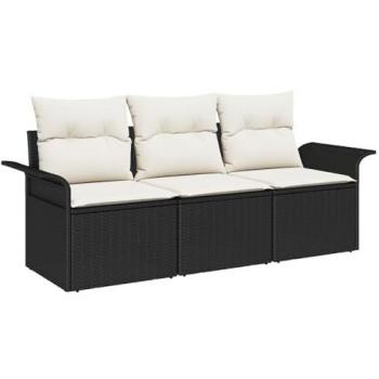 Divano da giardino 3 pezzi con cuscini neri in polyrattan