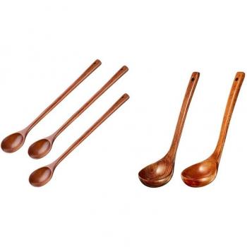 2-Piece Wooden Mixing Spoon Set with 3-Piece Soup Serving Spoons