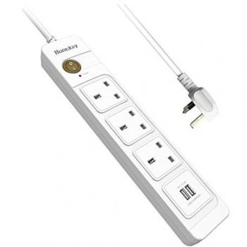 Huntkey Extension Lead, 2 USB Ports 3 Way Power Strip with 2M Power Cord, Child-protective Shutters, USB Outlet for Home & Office