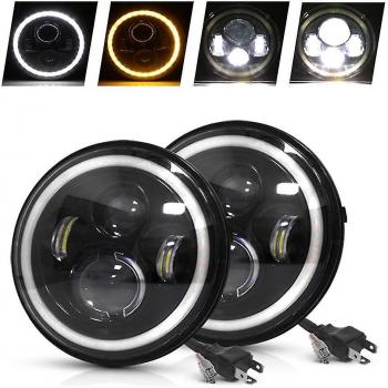 Phares ronds LED 7 pouces Halo avec Anneau Angel Eye DRL et Lumière Amber pour Moto Jeep Land Rover