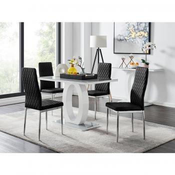 Giovani 4‑Seat Grey Dining Table & 4 Velvet Milan Chairs – Black Accent