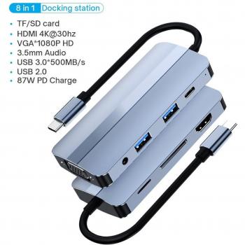 Type-C 8-in-1 USB Hub with HDMI 4K 30Hz, SD/TF Reader, AUX, USB 3.0, VGA for MacBook Pro and Laptop