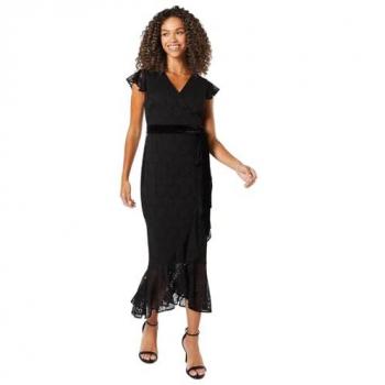 Wallis Womens Occasion Lace Ruffle Wrap Velvet Belt Midaxi Dress - Black - Size 12 UK