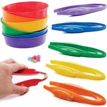 Assorted Color Plastic Tweezers and Sorting Trays - 6 Sets