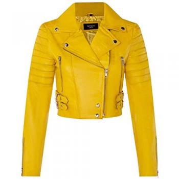 Cropped Brando Leather Biker Jacket – Damascus, Yellow, UK 14