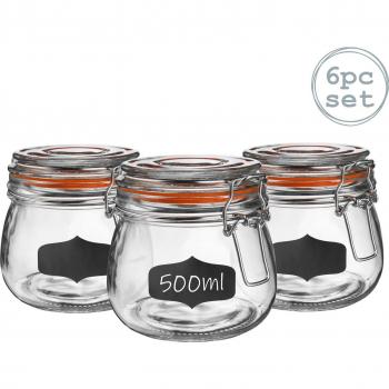 Argon Tableware Glass Storage Jars with Labels 500ml Orange Seal Pack of 6