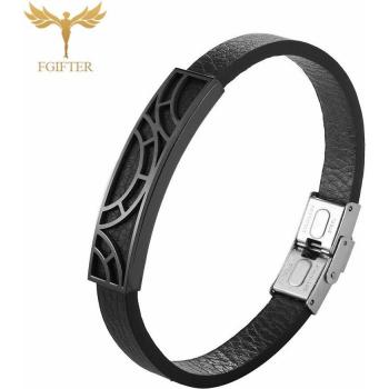 Elegant Women's Black Leather Bracelet with Gold Stainless Steel Pattern, Adjustable 17/18.5/20cm