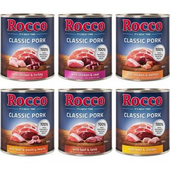 Lot Rocco Classic Pork 12 x 800 g pour chien lot mixte : bœuf/agneau, poulet/dinde, poulet/veau, bœuf/cœurs de volaille, poulet/saumon, bœuf/poulet