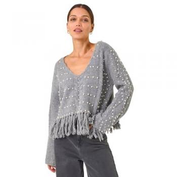 Jumper Frangé à Col V Petit Gris