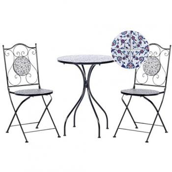 BELIANI Outdoor Garden Bistro Set Metal Vintage Style Blue Mosaic Pattern Iron Frame Black Camprena
