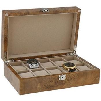 Aevitas Leather‑Finish Watch Storage Box – 10 Slots, Light Burl Wood, Solid Top