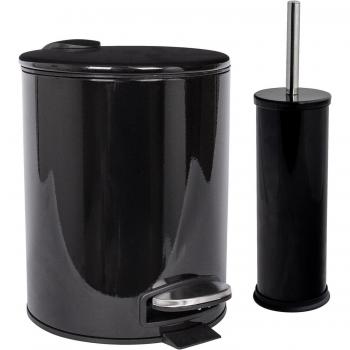 2pc Round Stainless Steel Pedal Bin & Toilet Brush Set - 5L - Black