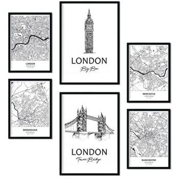 Mapa y Monumentos UK en Estilo Noruego – Set de 6 Láminas
