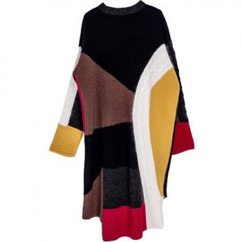 EAM Women's Plus Size Irregular Knitting Dress Long Sleeve 13S828