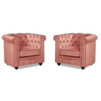 Fauteuil CHESTERFIELD - Velours rose pastel - Lot de 2