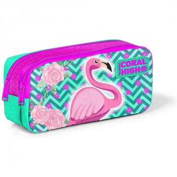 Aqua Green Flamingo Glitter Two-Compartment Pencil Bag