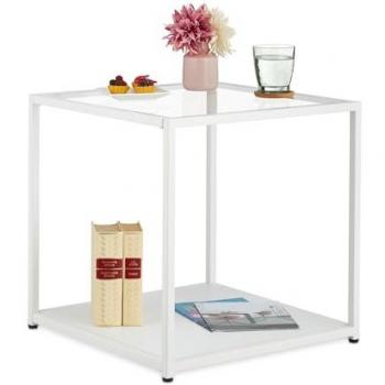 Relaxdays mesa auxiliar cúbica, mesita noche tablero cristal, 50x50x50 cm, mesa centro soporte con balda metal, blanco