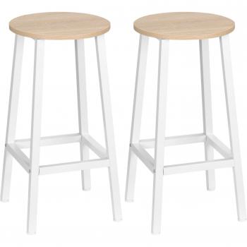 HOMCOM Set 2 Sgabelli Da Cucina In Truciolato E Acciaio Con Piano Liscio E Poggiapiedi, 32.5x32.5x65 Cm, Bianco E Legno