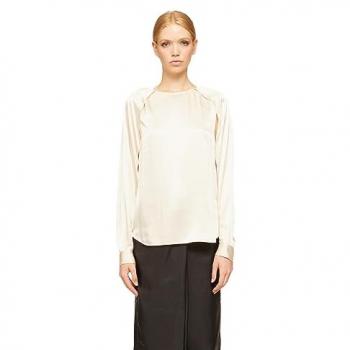 Blusa de Raso con Detalle de Mangas Elegante, Cote Redondo, Apertura de Lágrima por Detrás, Color Blanco, Talla 40, Otoño Invierno 2023