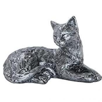 Statue de chat argenté couché - Table Passion - Résine 21 cm