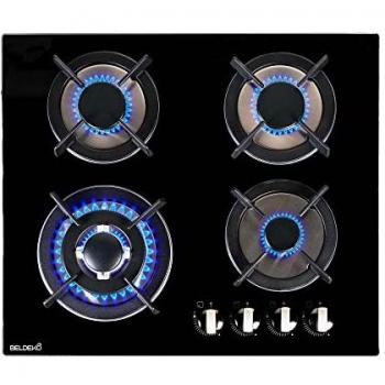 Beldeko - plaque de cuisson gaz - 4 foyers - double couronne - 7800w - encastrable - verre noir