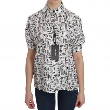 White Musical Instrument Collared Blouse Shirt