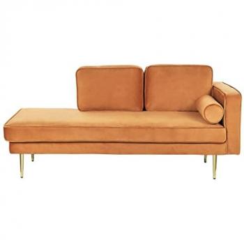 Chaise longue tapizado en terciopelo naranja dorado versión derecha patas de metal diseño moderno